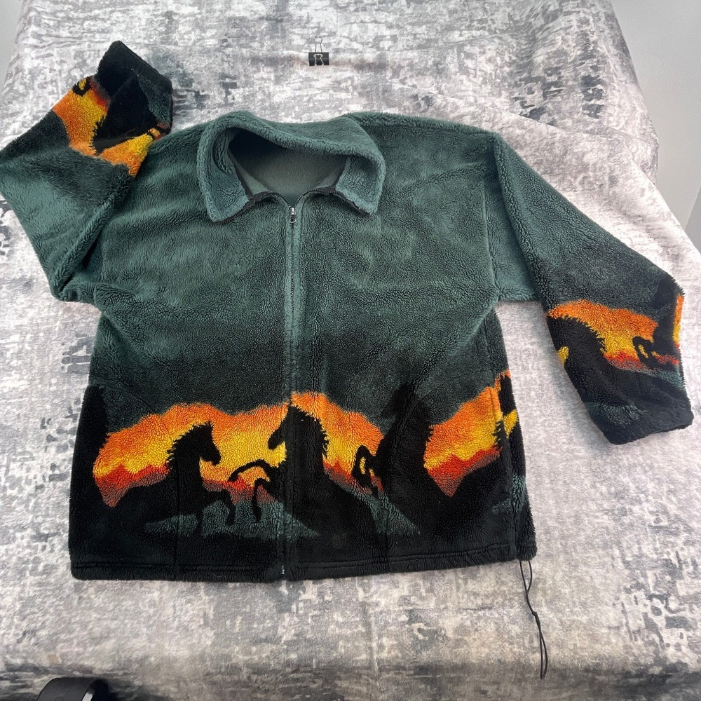 Vtg Mazmania Horse Sunset Fleece Jacket Mens XL Full Zip Made in USA